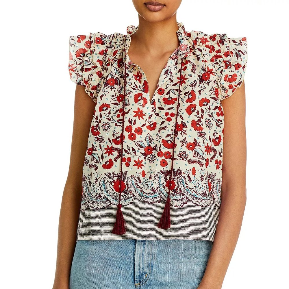 NWT Aqua Floral Flutter Sleeve Tassel Top - Size XS